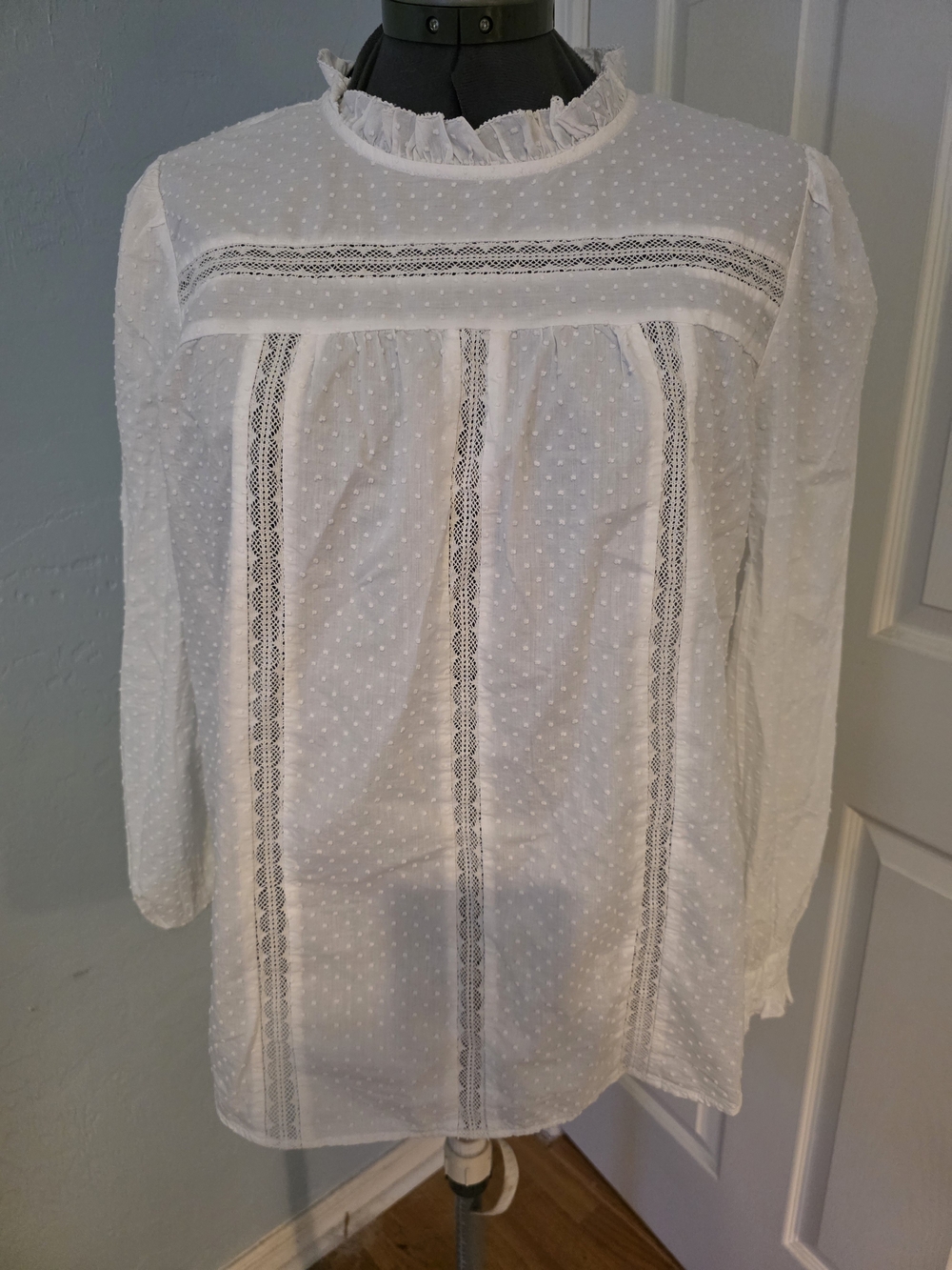LOFT White Swiss Dot Lace-Trim Ruffle Neck Blouse